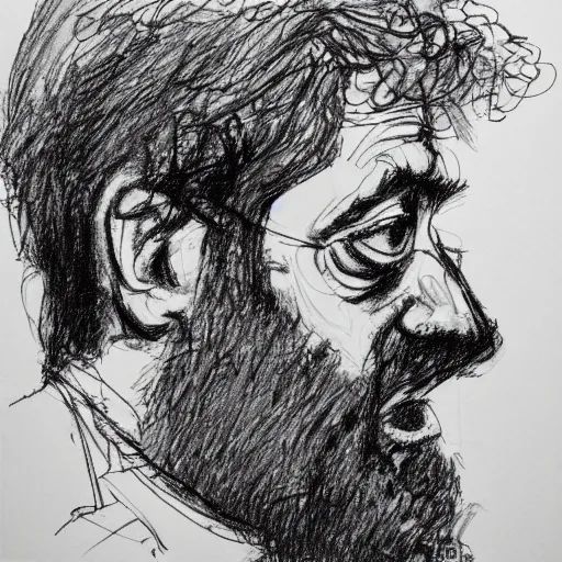 Prompt: a realistic yet scraggly portrait sketch of the side profile of a stern and sophisticated stanley kubrick, trending on artstation, intricate details, in the style of frank auerbach, in the style of sergio aragones, in the style of martin ansin, in the style of david aja, in the style of mattias adolfsson