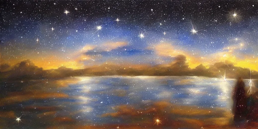 Image similar to night sky full of stars, soothing light, painting by kon, satoshi - h 5 7 6