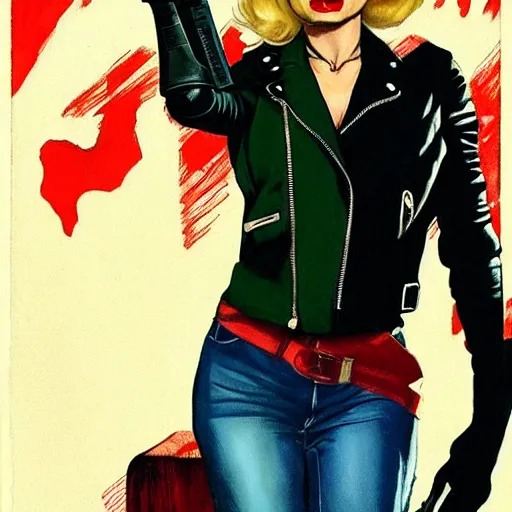 Image similar to Rafael Albuquerque art, Norman Rockwell, pretty female Margot Robbie, vampire, sharp teeth, evil smile, leather jacket, jeans, long blonde hair, full body, holding HK pistol in hand, hands with five fingers, realistic hands