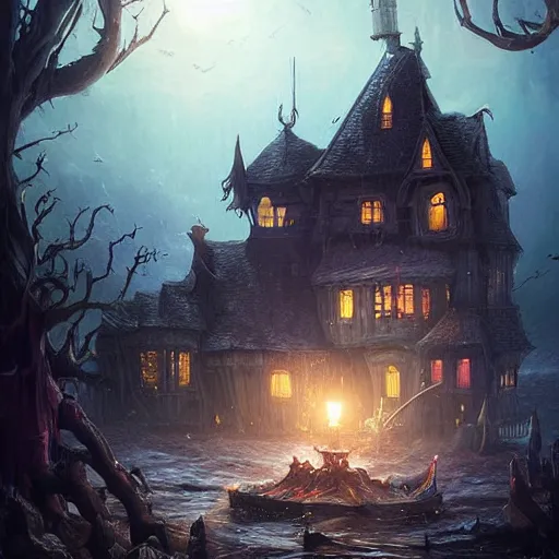 Image similar to realistic scary witches in front of a candy witch house, floating on the ocean, epic scene, fantasy, cinematic, hyper - detailed, in the style of greg rutkowski