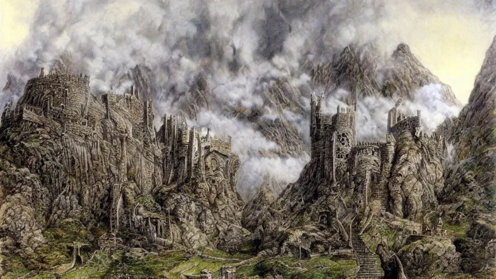 Image similar to beautiful helms deep, by alan lee, intricate, smoke trails, lord of the rings calendar, smooth, detailed terrain, oil painting