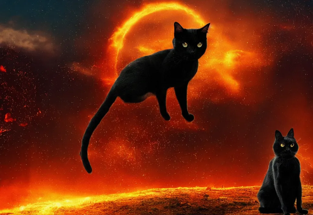 Image similar to old manwith black cat watching nuke explosion cinematic, background blur bokeh, world ending nuke, 4 k