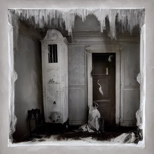 Image similar to picture of ghosts inside a creepy old house surrealism, surrealism album cover