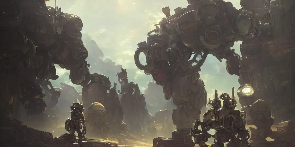 Prompt: robot mech with a soldier cobtrolling it from made in abyss by akihito tsukushi, backlight, centered rim lighting, deep focus, d & d, fantasy, intricate, elegant, highly detailed, digital painting, artstation, concept art, matte, sharp focus, illustration, hearthstone, art by artgerm and greg rutkowski and alphonse mucha