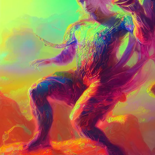 Image similar to a psychedelic young godlike humanoid, hyper detailed, in the style of greg rutkowski and ruan jia and bob ross and lisa frank, selfie