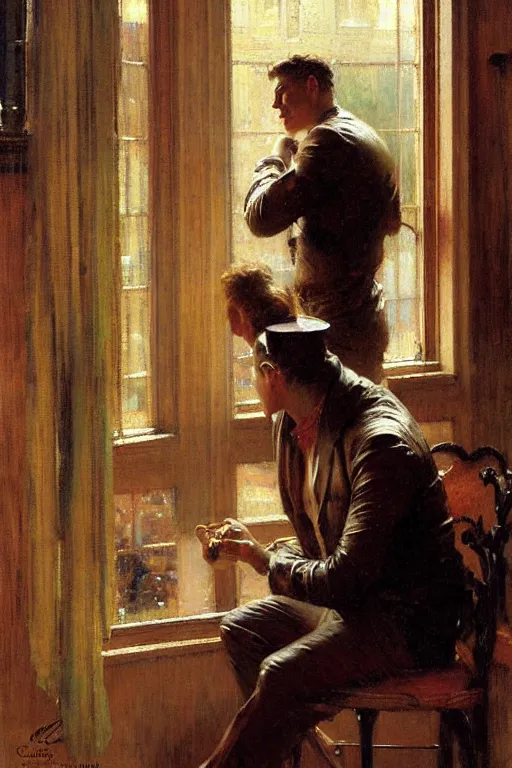 Prompt: irresistible man staring through a window, rainy day cafe painting by gaston bussiere, craig mullins, j. c. leyendecker