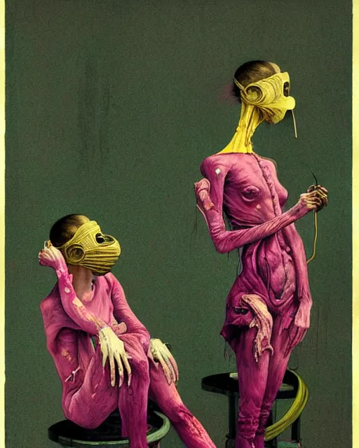 Prompt: Two skinny dark figures wearing gas masks, draped in silky gold, pink and green, inside a decayed surgical room, loss and despair, in the style of Francis Bacon, Esao Andrews, Edward Hopper, 3D HD mixed media, highly detailed and intricate, surreal illustration , art by Takato Yamamoto and James Jean