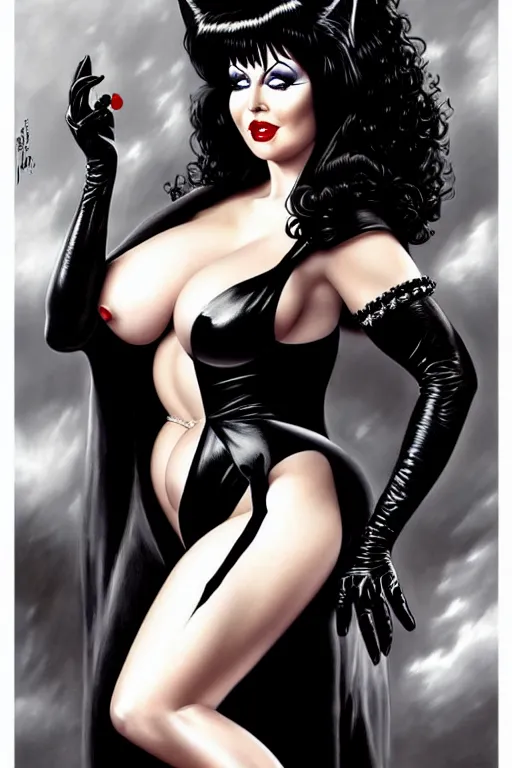 Prompt: a ( beautiful masterpiece highly detailed ) full body portrait illustration of intimate alluring elvira! mistress of the dark by ralph horsely and artgerm and joe jusko, raven black hair, porcelain white skin. betty page, curvy. trending on artstation