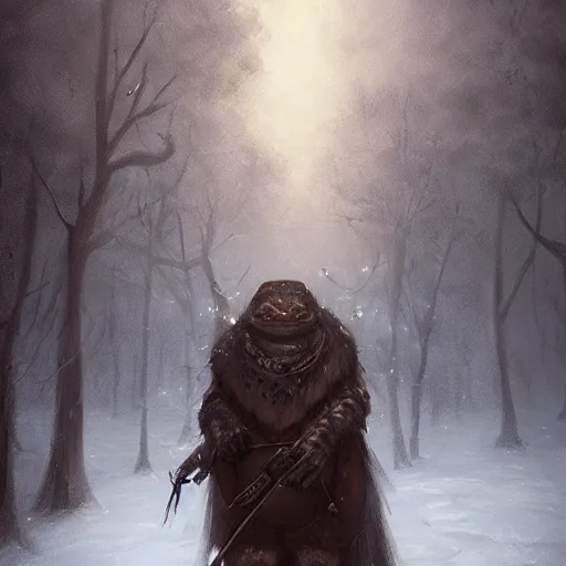 Image similar to anthropomorphic turtle humanoid, carapace, greg rutkowski, blizzard, winter, night, furs, fantasy