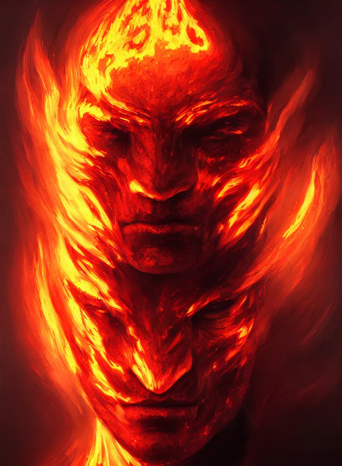 Image similar to a face portrait of a fire elemental from skyrim, fantasy setting, explosive fiery face, dim colors, soft lighting, atmospheric, cinematic, moody, in the style of diego koi, gina heyer, luiz escanuela, art by alyssa monk, hyperrealism, rule of thirds, golden ratio, oil on canvas, 8 k