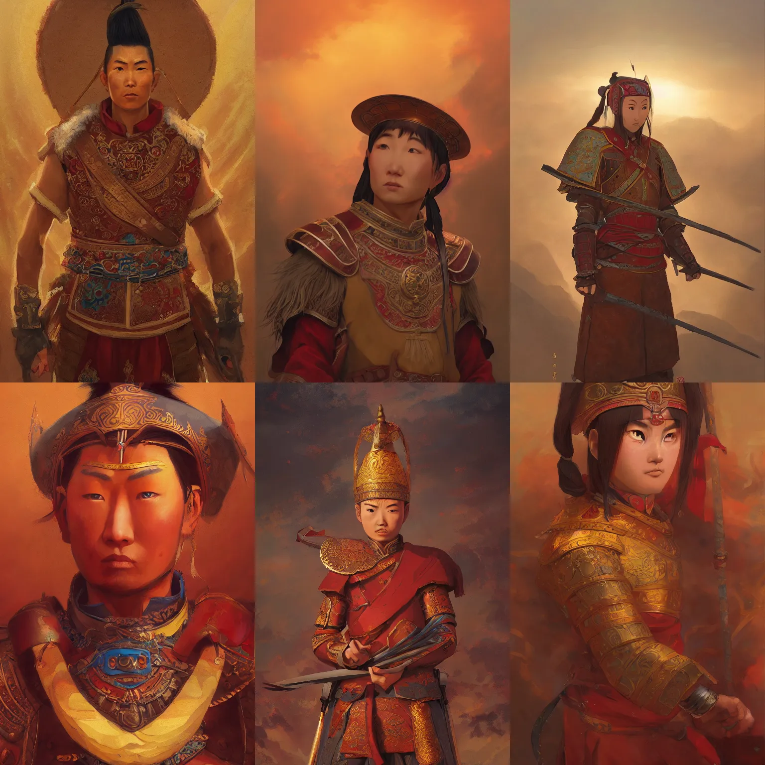 Prompt: a portrait of a golden horde mongol warrior, historical setting, vivid colors, soft lighting, atmospheric, cinematic, moody, in the style of ilya kuvshinov and range murata, krenz cushart, rule of thirds, oil on canvas, 8 k