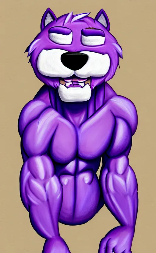 Prompt: painting of an anthropomorphic bulky muscular purple dog, furry style, wearing jeans, deviant art, fursona, professional furry drawing, insanely detailed, bulky dog face, detailed veiny muscles, exaggerated features, beautiful shading, huge white teeth, grinning, standing in a street, flexing and posing