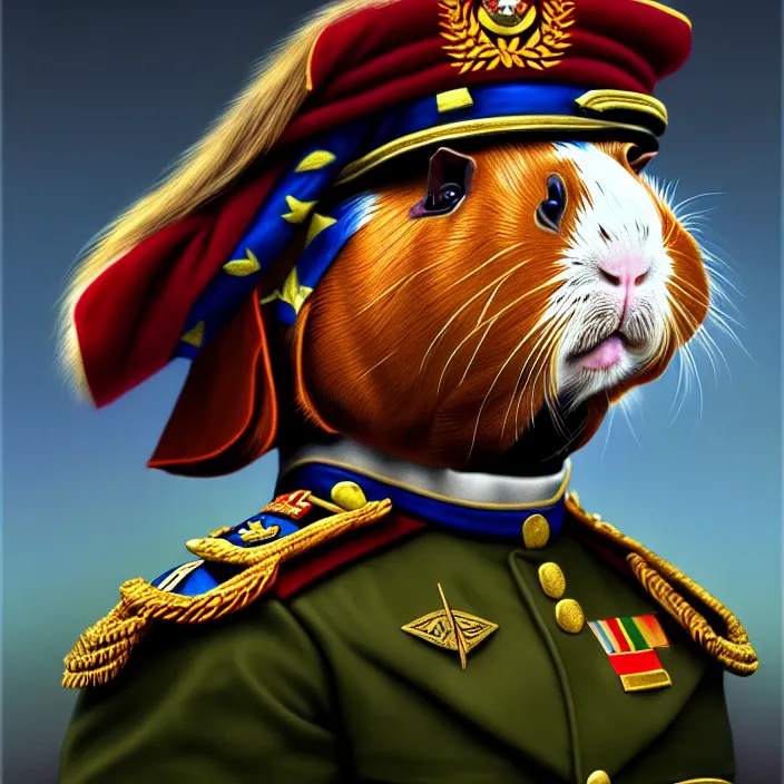 Image similar to guinea pig general wearing his uniform, looking proud as if he had won the battle. award winning, portrait bust, symmetry, faded colors, by larry elmore, masterpiece, trending on artstation, cinematic composition, beautiful lighting, hyper detailed!!!, 8 k, oil on canvas