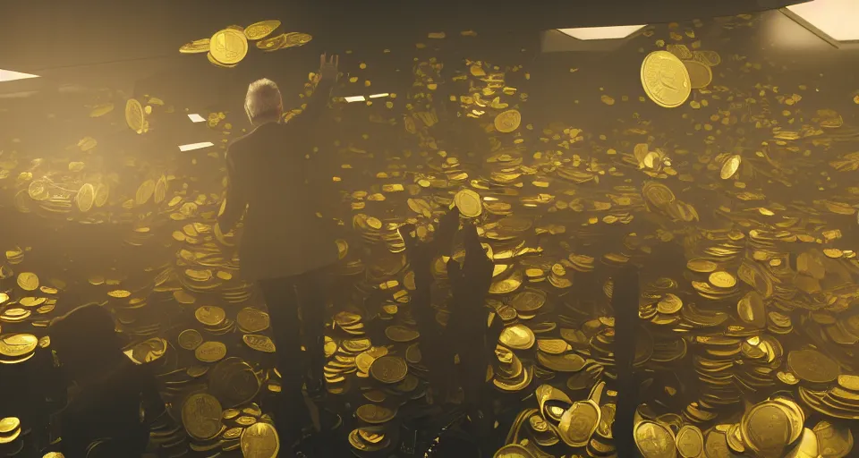 Image similar to Dramatic photo of a CEO waving to a large group of his coworkers in a futuristic office. Golden coins are levitating all around them. 8k, high detail, trending on Artstation, volumetric lighting, cyberpunk