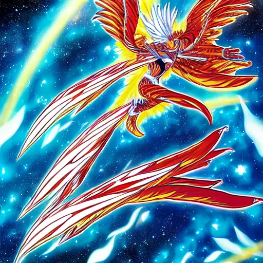 Image similar to a cosmic phoenix, wings spread, soaring through the cosmos by yusuke murata