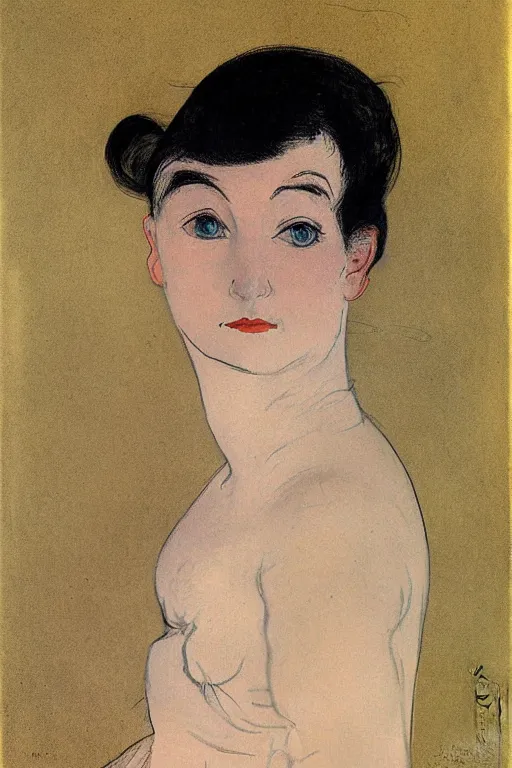 Image similar to young woman's face, long black hair, pale skin, digital render, by Toulouse-Lautrec,