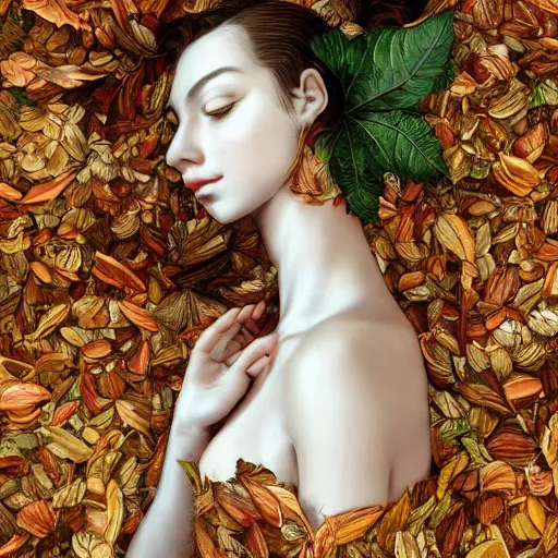 Image similar to the portrait of an extremely beautiful, gorgeous, elegant, graceful, sensual, playful, and sophisticated young woman made of leaves, an ultrafine detailed illustration by james jean, giuseppe arcimboldo, intricate, bright colors, final fantasy,, unreal engine 5 highly rendered, global illumination, radiant light, detailed.