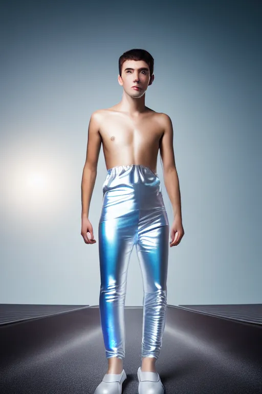 Image similar to un ultra high definition studio quality photographic art portrait of a young man standing on the rooftop of a british apartment building wearing soft baggy inflatable padded silver iridescent pearlescent clothing. three point light. extremely detailed. golden ratio, ray tracing, volumetric light, shallow depth of field. set dressed.