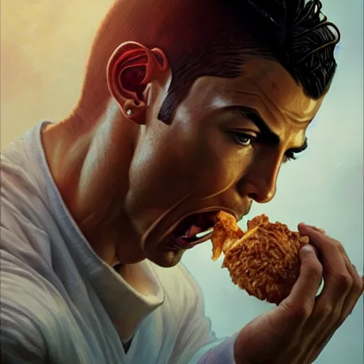 Image similar to Cristiano Ronaldo eating a mighty zinger from KFC, closeup, D&D, fantasy, intricate, elegant, highly detailed, digital painting, artstation, concept art, matte, sharp focus, illustration, art by Artgerm and Greg Rutkowski and Alphonse Mucha