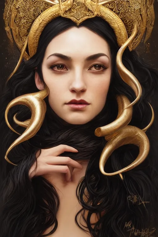 Image similar to a beautiful woman with long black hair, big natural ram horns on her head, flowing dress, gold jewellery, dnd, face, fantasy, intricate, elegant, highly detailed, digital painting, artstation, concept art, smooth, sharp focus, illustration, art by artgerm and greg rutkowski and alphonse mucha