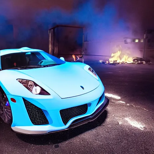 Image similar to Baby Blue Noble M600 set on fire in a ghetto, neon white lighting, 8k UHD, studio photography, high quality, high detail, stunning lighting