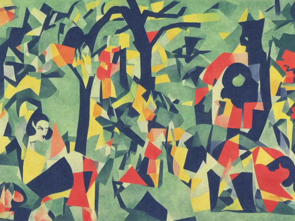 Prompt: surrealist close-up of a boy and a girl laying in a big open field of various flowers and trees by Sonia Delaunay, paper cutouts of plain colors, risograph print