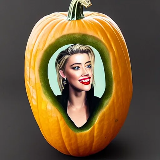 Image similar to a gourd shaped to look like the face of amber heard intercross hybrid mix