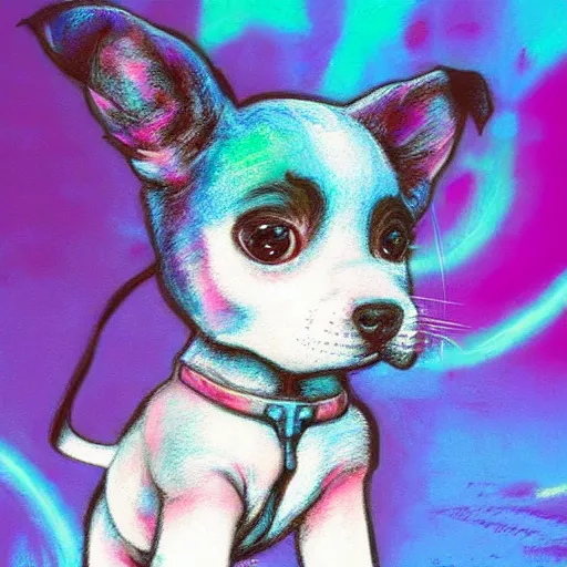 Image similar to Highly detailed pastel painting of a chibi puppy, detailed cyberpunk glitchcore synthwave art, trending on ArtStation