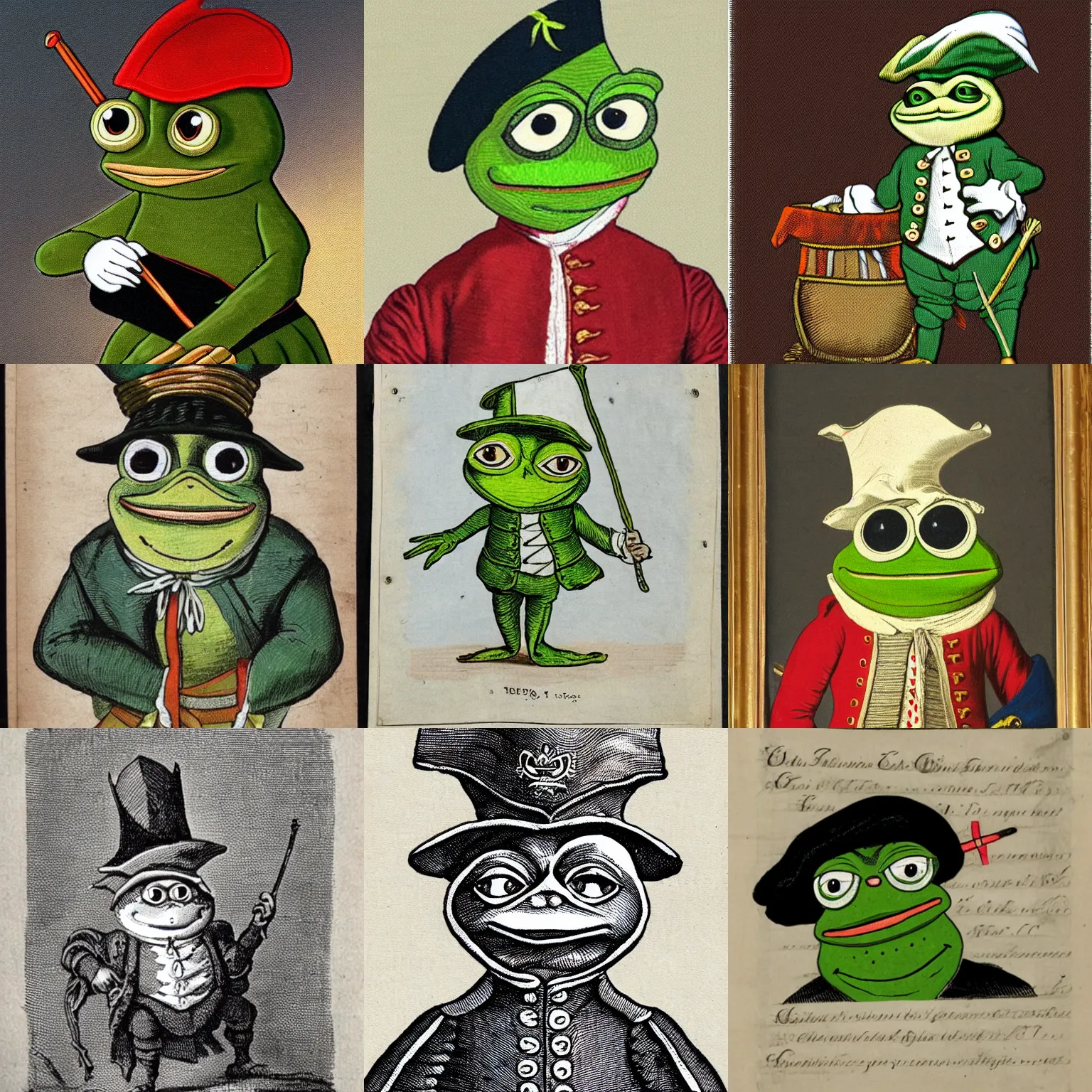 Image similar to pepe the frog in 1 7 5 8 uniform of the 6 5 th regiment of foot with tricorne hat