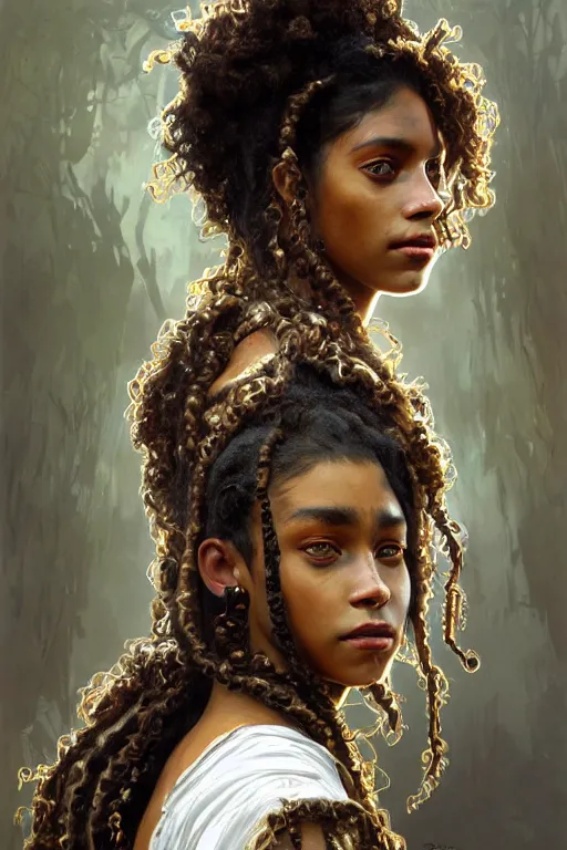 Image similar to portrait of a beautiful young aztec girl with vitiligo, covered in jaguar fur cloths, different colored eyes, curly black and brown hairs, by greg rutkowski and alphonse mucha, d & d character, gradient white to silver, highly detailed portrait, digital painting, artstation, concept art, smooth, sharp focus ilustration, artstation hq