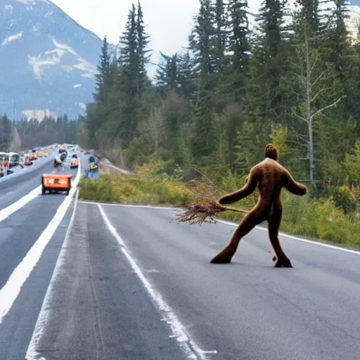 Prompt: Sasquatch tossing a tree into highway traffic