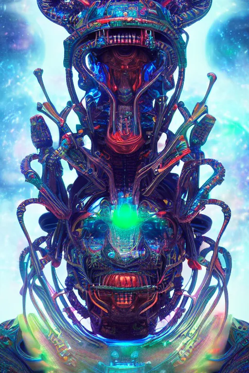 Prompt: a shamanic god made from colorful intricate alien technology in futuristic dreamscape detailed artwork, extremely detailed and high quality, global illumination, octane render, digital art trending on artstation