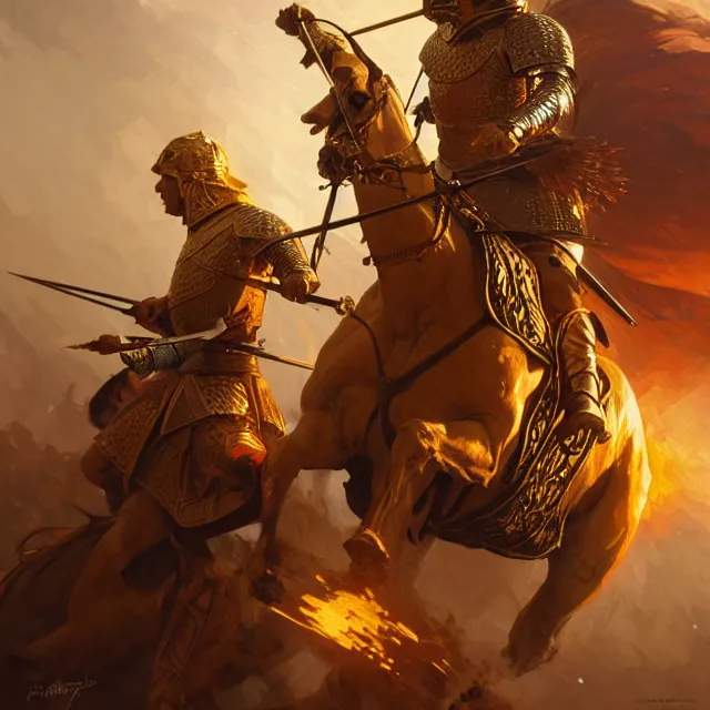 Image similar to battle of kings, medieval war, fire and dust and golden armor, action, dramatic lighting, intricate, wild, highly detailed, digital painting, artstation, concept art, smooth, sharp focus, illustration, art by artgerm and greg rutkowski and alphonse mucha