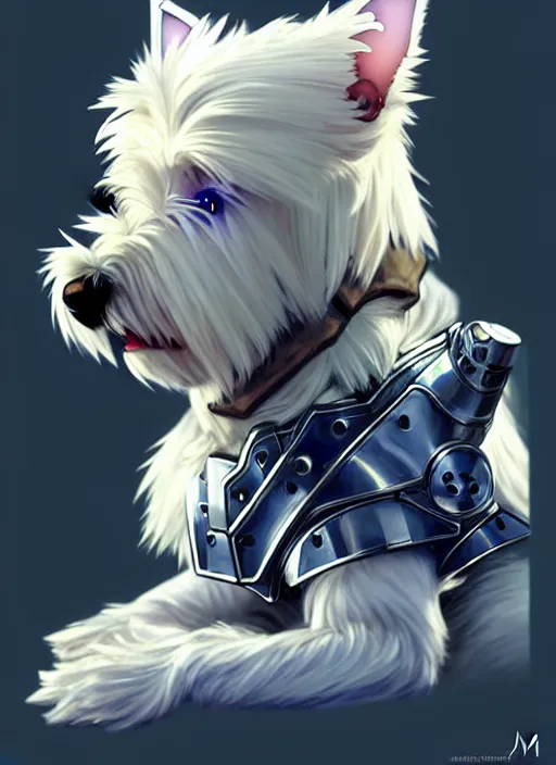 Prompt: a sad west highland white terrier, anime art style, wearing futuristic, led - lit armor, and a cannon mounted on his back, portrait, high detail, sharp focus, digital painting, artstation, concept art, art by hayao miyazaki and artgerm and greg rutkowski and alphonse mucha.