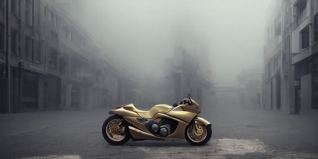 Prompt: parked Hayabusa on deserted city street, fog, rain, volumetric lighting, beautiful, golden hour, sharp focus, ultra detailed, cgsociety