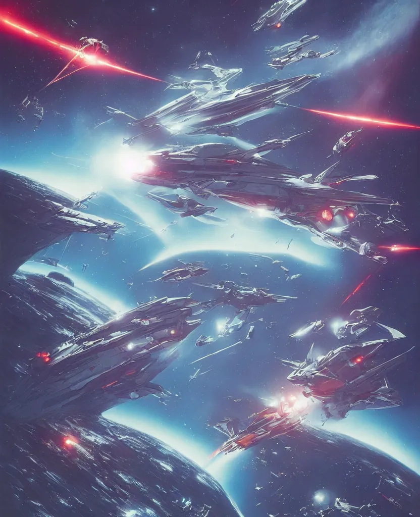 Image similar to retro futuristic sci - fi poster by moebius and greg rutkowski, epic spaceship battle, nebulae, stargezers