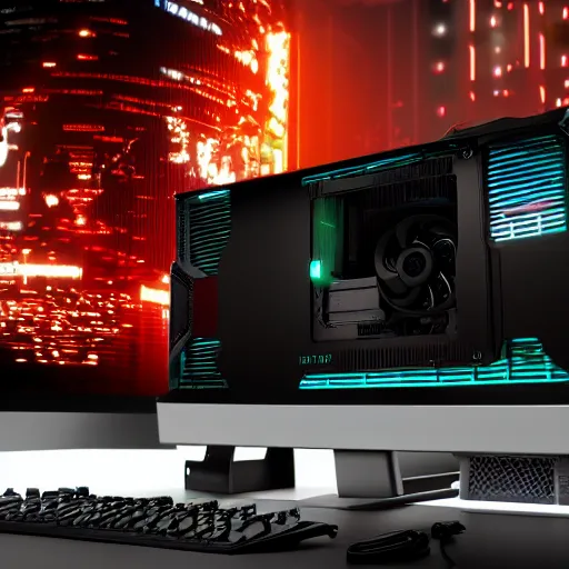 Image similar to cyberpunk gaming pc with rtx gpu, ultra detail, octane render