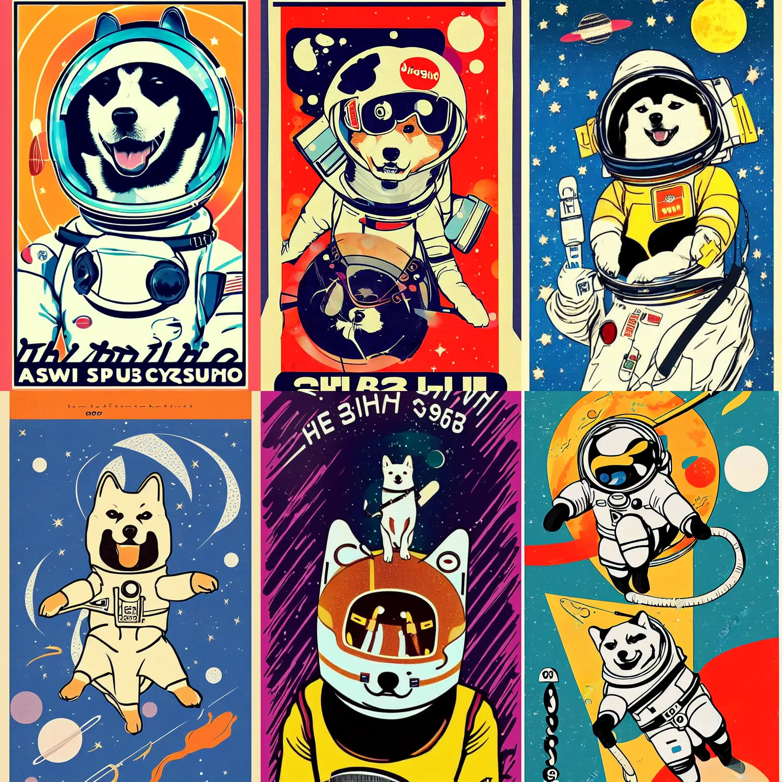 Prompt: Shiba Inu cosmonaut, 60s poster, in the style of a music poster 1960s