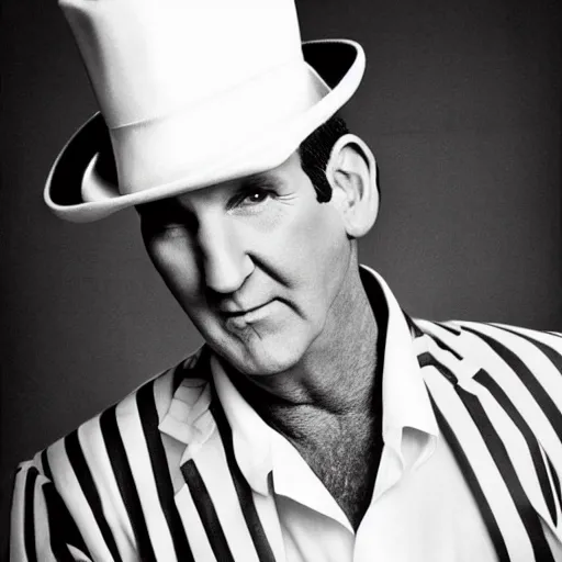 Image similar to a glamorous black and white portrait of al bundy with a hat, artistic, heroic, amazing, in the style of helmut newton