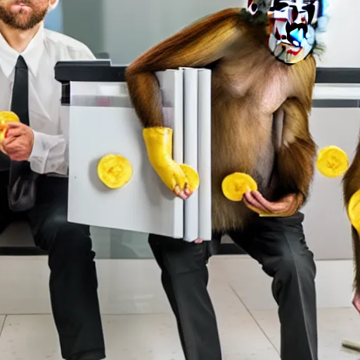 Image similar to monkeys as employees in the cubical offices, throwing bananas and folders on clients