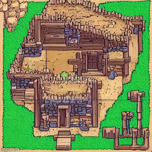 Prompt: An detailed vector art presenting an aerial view of a cartoonish tavern by dungeondraft, contaning tables and walls, dnd map , map patreon, fantasy maps, foundry vtt, fantasy grounds, aerial view ,dungeondraft , tabletop, inkarnate, dugeondraft, roll20