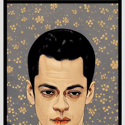 Image similar to “ rami malek portrait by ikenaga yasunari and ayana otake and ko rakusui, 6 0 s poster, drawing, realistic, sharp focus, japanese, dreamy, nostalgia, faded, golden hues, floral clothes ”