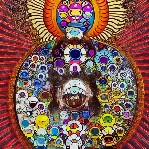 Prompt: the queen of the sun by takashi murakami and h.r. giger, full body, oil on canvas, intricately detailed artwork, full 8k high quality resolution, recently just found unknown masterpiece