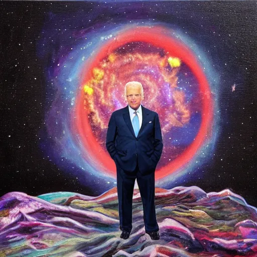 Prompt: dark joe biden standing in front of the collapse of the universe, painting