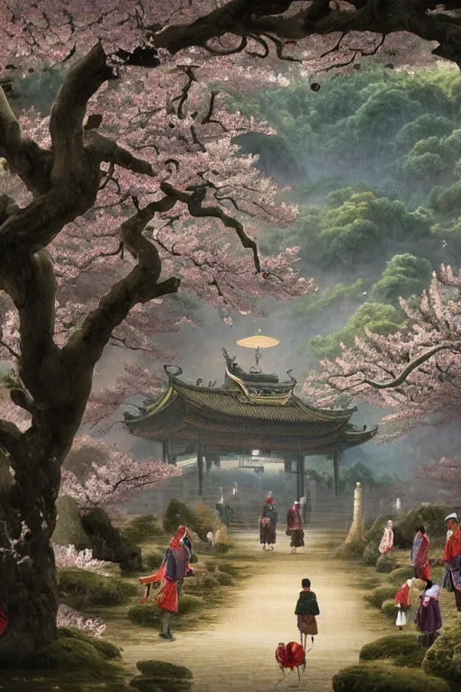 Image similar to a street in a ancient chinese characteristics. it has a high degree of fantasy. cherry blossom forest, there are pavilions in the air, koi jumping in the air, and fairy birds and animals such as cranes and deer coexist with people. it is the life scene of the ancient people, a detailed matte painting by christophe vacher and albert bierstadt