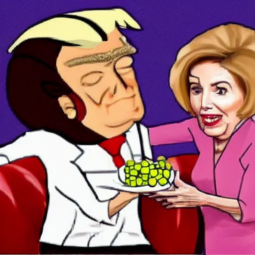 Prompt: Donald trump feeding grapes to Nancy pelosi while she lays on a leather couch, ultra realistic