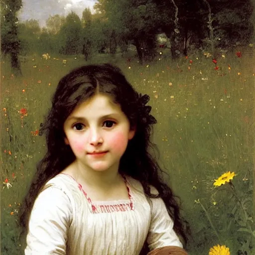 Prompt: a little girl with wavy brown hair sitting in a field of wildflowers. beautiful painting by bouguereau.