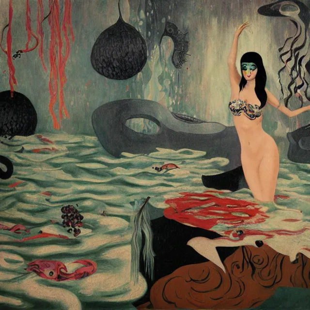 Prompt: tall emo female artist holding a mermaid in her flooded kitchen, pomegranates, octopus, water gushing from ceiling, painting of flood waters inside an artist's apartment, a river flooding indoors, ikebana, zen, rapids, waterfall, black swans, canoe, berries, acrylic on canvas, surrealist, by magritte and monet