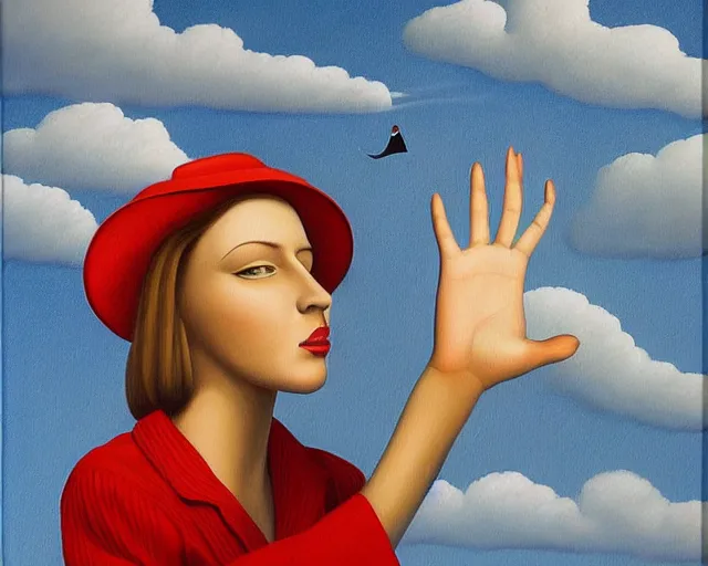Image similar to a painting of a person waving hello, an ultrafine detailed painting by rafal olbinski, behance contest winner, pop surrealism, detailed painting, very detailed, minimalist, skeuomorphic, airbrush art