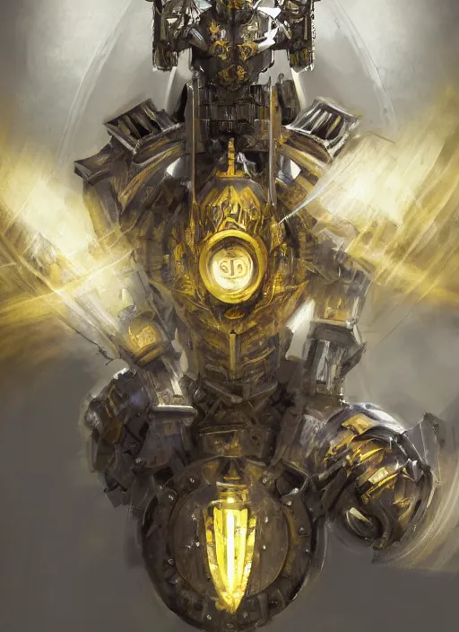 Image similar to dynamic attack position abstract portrait of a intricate glorious holy mechanical warforged character in yellow armor holding a paladin engraved great longsword drawn and carrying a big paladin shield, scoop light coming from the middle of the face , face in focus, epic , trending on ArtStation, masterpiece, cinematic lighting, by Ross Tran and by Greg Rutkowski